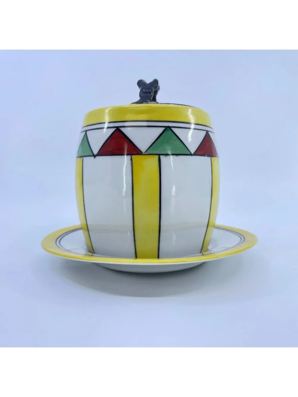 vintage ceramic condiment jar with lid & saucer hand-painted geometric pattern